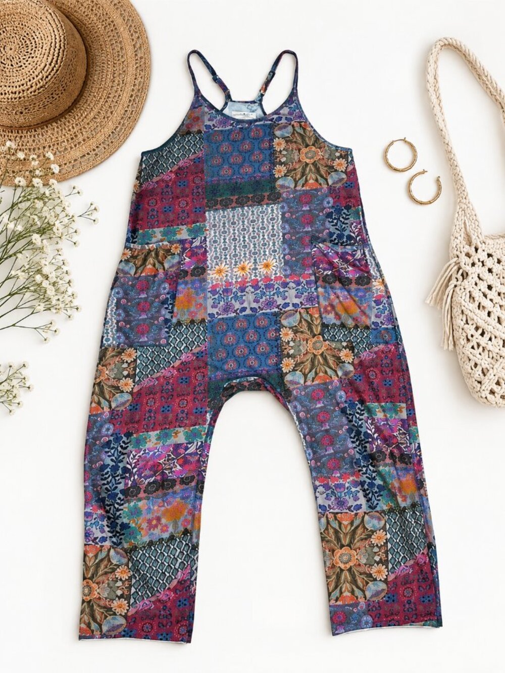 Natural Life Patchwork Floral Harem Jumpsuit L Boho Festival Romper